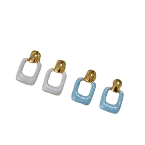 Minimalist geometric square enamel brass gold-plated earrings in grey and blue marble
