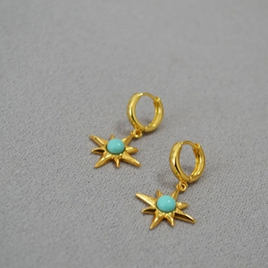 Vintage Eight Pointed Star Huggie Earrings Brass Gold Plated Inlaid Synthetic Turquoise Star Dangle Earrings For Women Jewelry