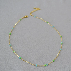 Summer gold brass necklace with colorful geometric stone beads and adjustable chain