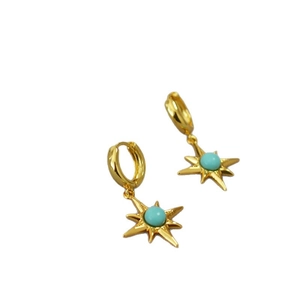 Vintage gold-plated brass hoop earrings featuring an eight-pointed star and turquoise stone
