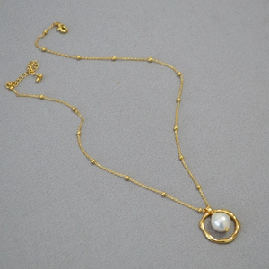 Irregular Geometric Ring Freshwater Pearl Pendant Necklace Brass Gold Plated Satellite Chain For Women Niche Jewelry