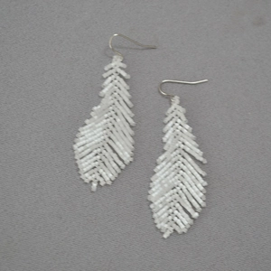 Minimalist white feather beaded earrings featuring handmade woven craft for women