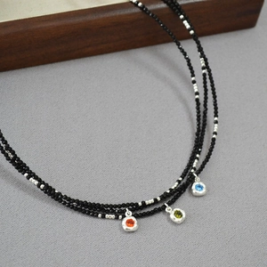 Vintage layered black spinel beaded necklace with square colorful gemstone pendants