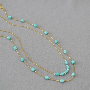 Vintage Bohemian Gold Plated Copper Beaded Necklace With Faux Turquoise Magnesite Faceted Pendant Clavicle Chain For Women