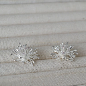 Detailed close-up of silver firework stud earrings with crystals on beige linen tray