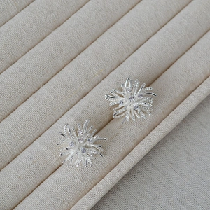 Detail view of fireworks-inspired 925 silver stud earrings with sparkling zircon stones