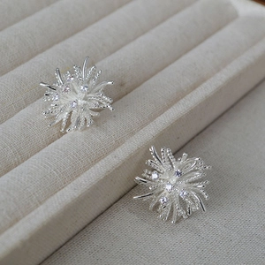 Stereo firework stud earrings in 925 silver with sparkling zircon stones on linen tray