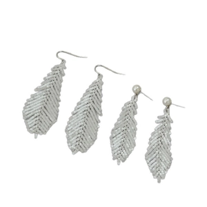 Minimalist white feather woven earrings featuring bead accents and silver hooks