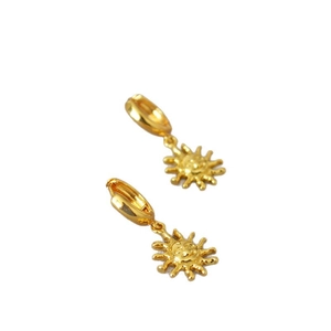 Minimalist gold-plated brass sun earrings with smiling face charms and huggie hoops