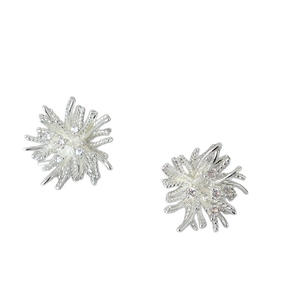 Stereoscopic silver firework stud earrings with sparkling cubic zirconia on white background