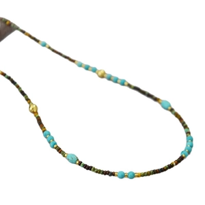 Bohemian turquoise and gold beaded necklace with vintage French vacation style for women