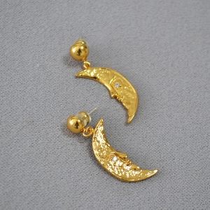Retro brass crescent moon face earrings with gold plating and cubic zirconia inlay
