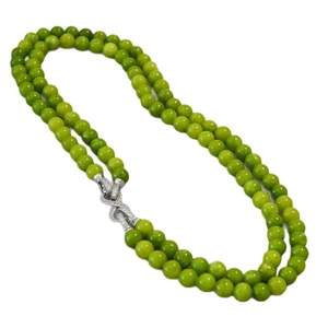 Double-layered olive green jade bead necklace with silver infinity buckle and zircons