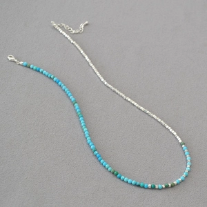 Summer green turquoise and silver square beaded necklace with adjustable lobster clasp