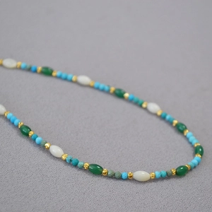 Elegant beaded necklace with blue turquoise white shell and green agate beads