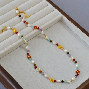 Handmade Freshwater Pearl Natural Stone Daisy Flower Beaded Necklace Bracelet Vintage Bohemian Jewelry For Women