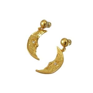 Vintage brass gold-plated crescent moon face earrings with sparkling zircon accents