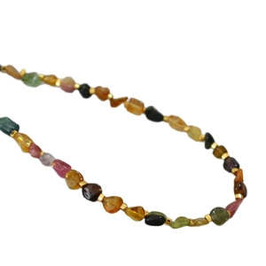 Colorful irregular tourmaline beaded necklace with golden cube accents for summer