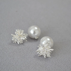 Elegant dandelion starburst stud earrings with white pearls and silver metal base