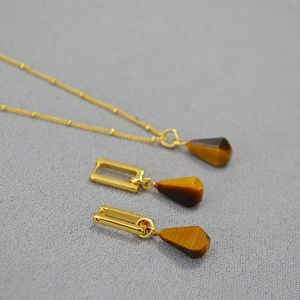 French Retro Brass Gold Plated Bead Chain Tiger Eye Stone Geometric Pendant Necklace Earrings Jewelry Set For Women