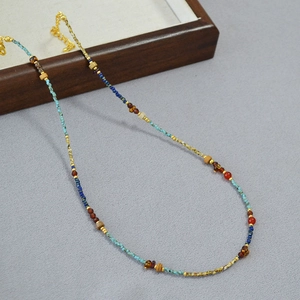 French vintage beaded necklace with red agate and turquoise stones for women