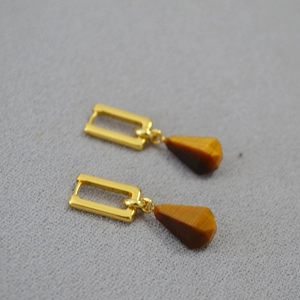 French vintage brass gold plated hoop earrings with tiger eye stone pagoda pendants