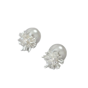 Silver dandelion flower stud earrings with white pearls and sparkling zirconia stones