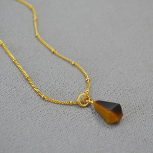French vintage brass gold-plated necklace featuring a geometric tiger eye stone pendant