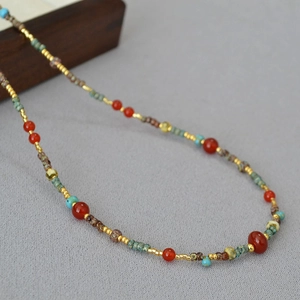 Retro handmade red agate and turquoise beaded necklace in Dunhuang ethnic style for women