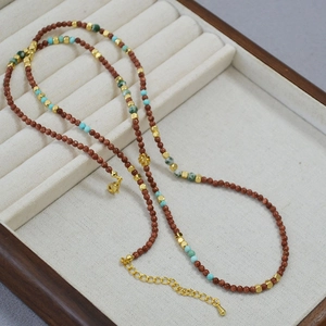 Vintage Goldstone Turquoise Beaded Necklace Artsy Maillard Style Long Sweater Chain Copper Gold Plated Jewelry For Women