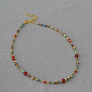 Bohemian retro red agate beaded necklace with colorful stones and gold clasp