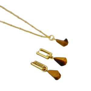 Vintage gold plated necklace and earrings set featuring geometric tiger eye stone pendants