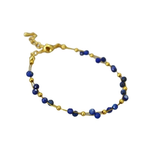 Minimalist double-layered lapis lazuli beaded bracelet with gold wire and adjustable clasp