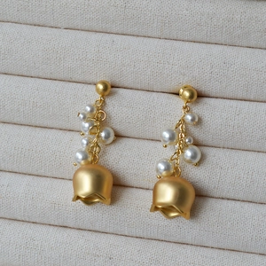 French retro lily of the valley earrings with pearls and matte gold finish