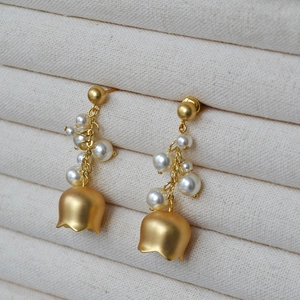 Lily Of The Valley Drop Earrings Copper Gold Plated Faux Artificial Pearl With 925 Sterling Silver Earring Post French Vintage