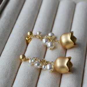 French retro lily of the valley earrings with matte gold petals and white pearls