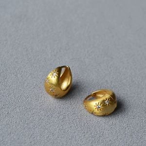 Macro view of gold-tone starburst earrings with brushed texture and sparkling zircons
