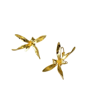 Irregular golden iris flower earrings with artistic metallic texture on white background
