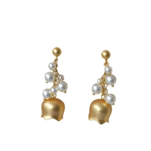 Vintage French lily of the valley earrings with matte gold finish and elegant pearls