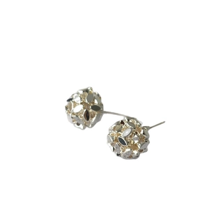 Minimalist silver hollow floral ball stud earrings with multifaceted geometric cutouts