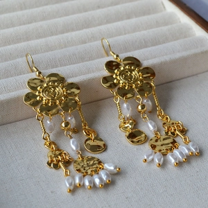 Vintage 18K Gold Plated Brass Floral Tassel Earrings With Simulated Artificial Pearl Hammered Texture Long Drop Earrings For Women Jewelry