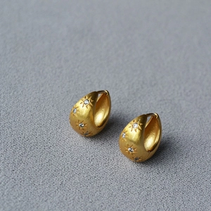 Detail of matte silver brushed earrings with star pattern and zircon inlay accents