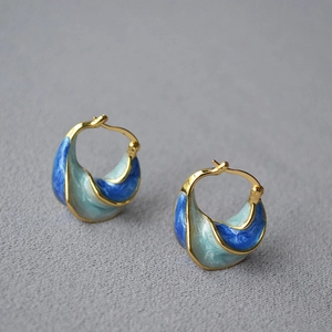 Twisted Spiral Earrings Vintage Handmade Blue Enamel Brass Gold Plated With Copper Earring Post For Women Artistic