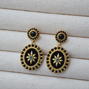 French Retro Star Flower Oval Pendant Earrings Gold Plated Copper Black Enamel Rhinestone Baroque Style Women Fashion Jewelry Accessory