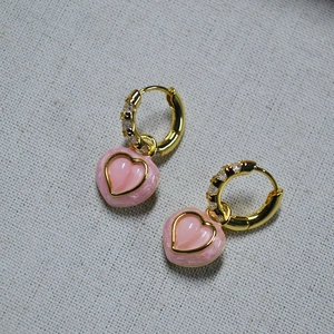Boucles d'Oreilles Créoles Pendentif Cœur en Émail Rose Laiton Plaqué Or Strass Bijoux Délicats pour Femmes Filles