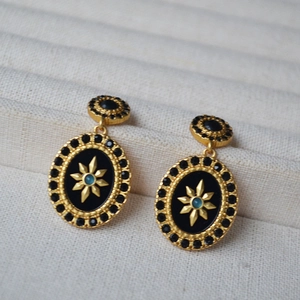 French vintage oval drop earrings with black enamel, gold star and blue gemstone