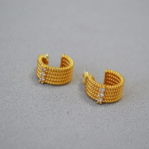 European vintage gold-plated C-shaped rope twist hoop earrings with white zircon stones