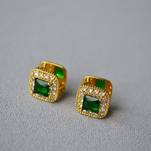 Vintage brass gold-plated square emerald earrings with sparkling zircon halo detail