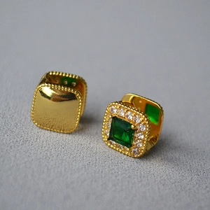 Vintage gold plated brass square emerald earrings with halo diamond accents for women