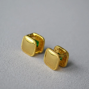 Minimalist brass gold-plated square emerald leverback earrings with milgrain edge details